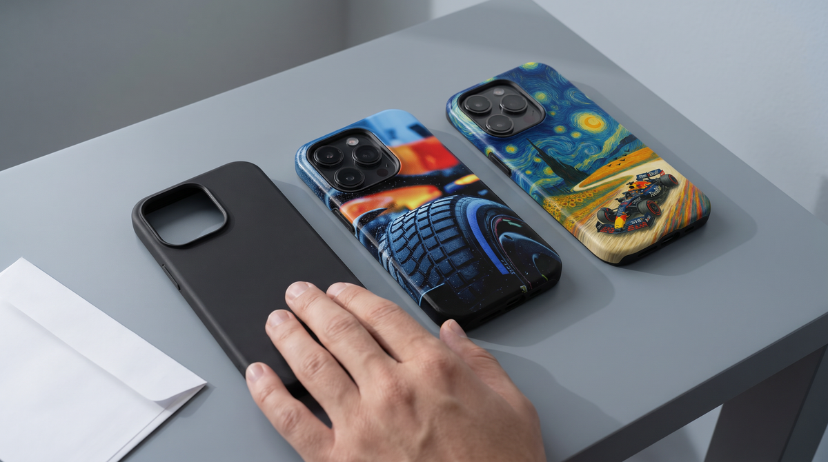 Hand reaching past a plain black case toward Simply Lovely and Rainbow iPhone tough cases on a grey table