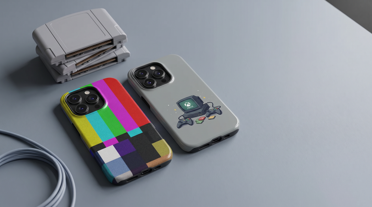 Retro Gaming and No Signal TV iPhone tough cases on a desk beside a stack of blank grey cartridges