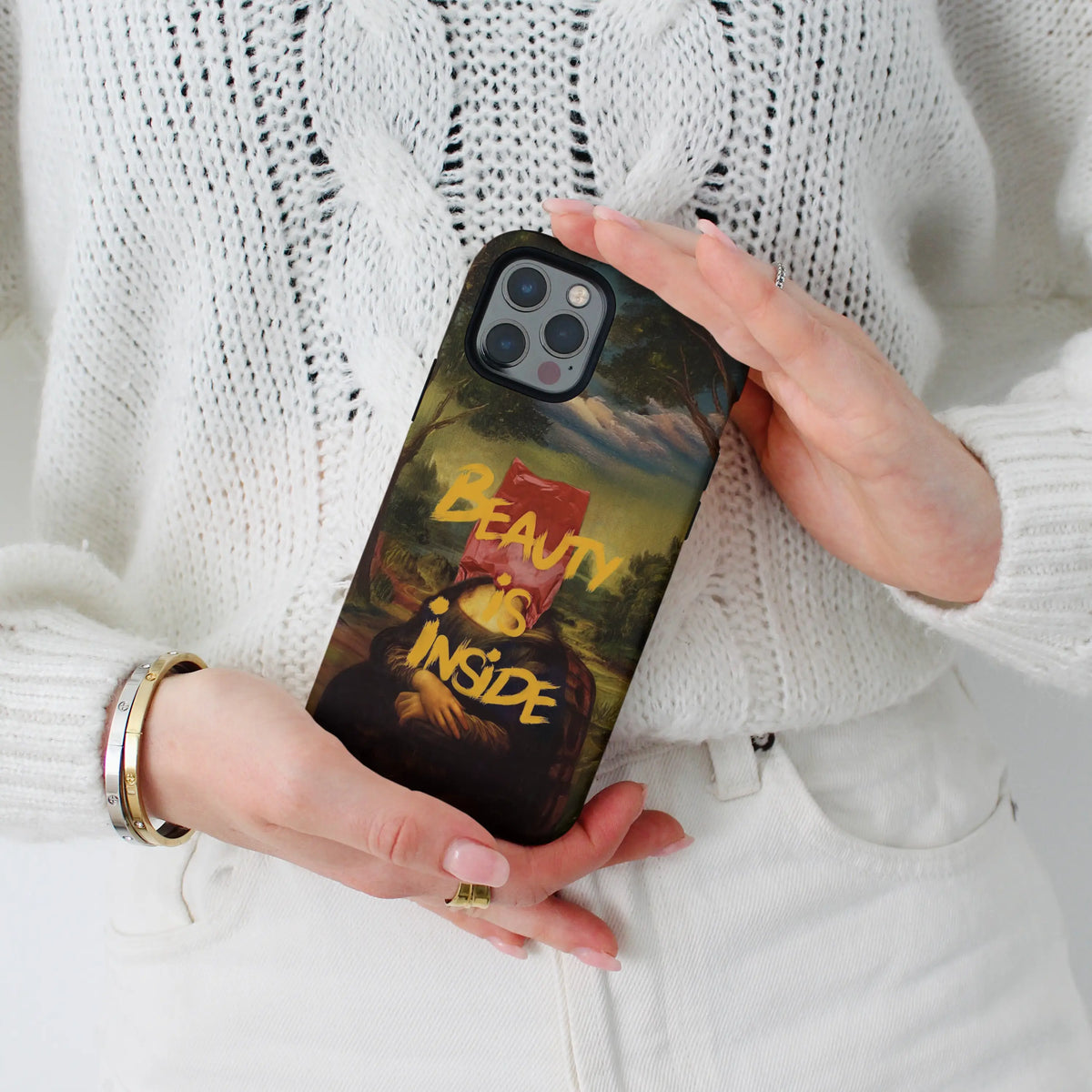 Beauty is inside iPhone case — statement lettering on a dual-layer MagSafe shell