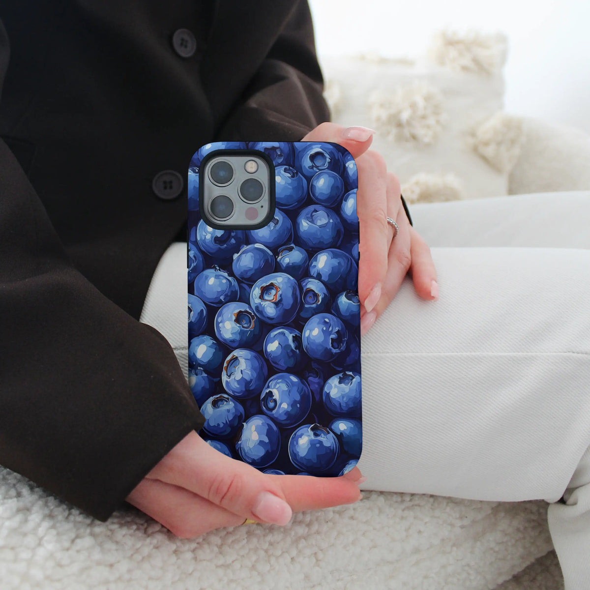 BlueBerry iPhone case — hyper-detailed berry painting on a MagSafe shell