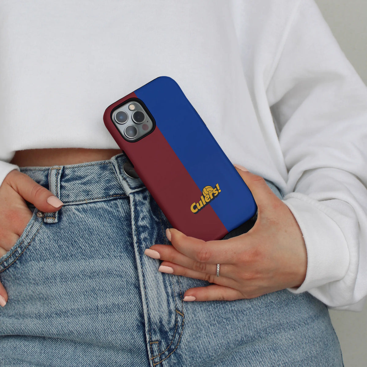 Culers! iPhone case — maroon and blue football colours on a MagSafe shell