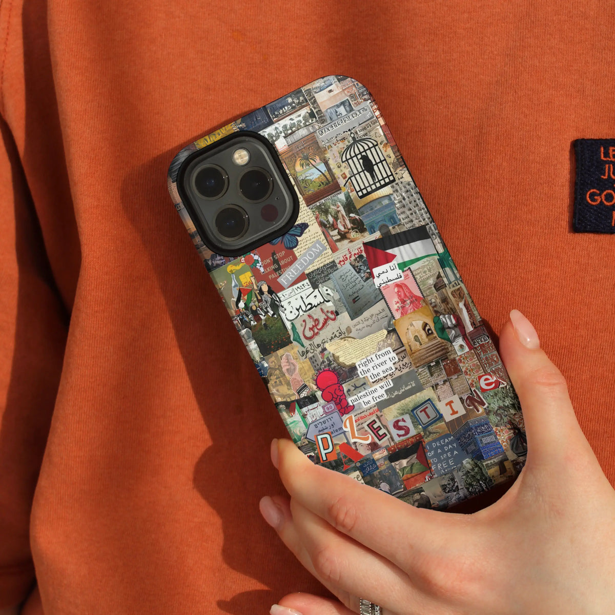 Free Palestine iPhone case — solidarity artwork on a dual-layer MagSafe shell