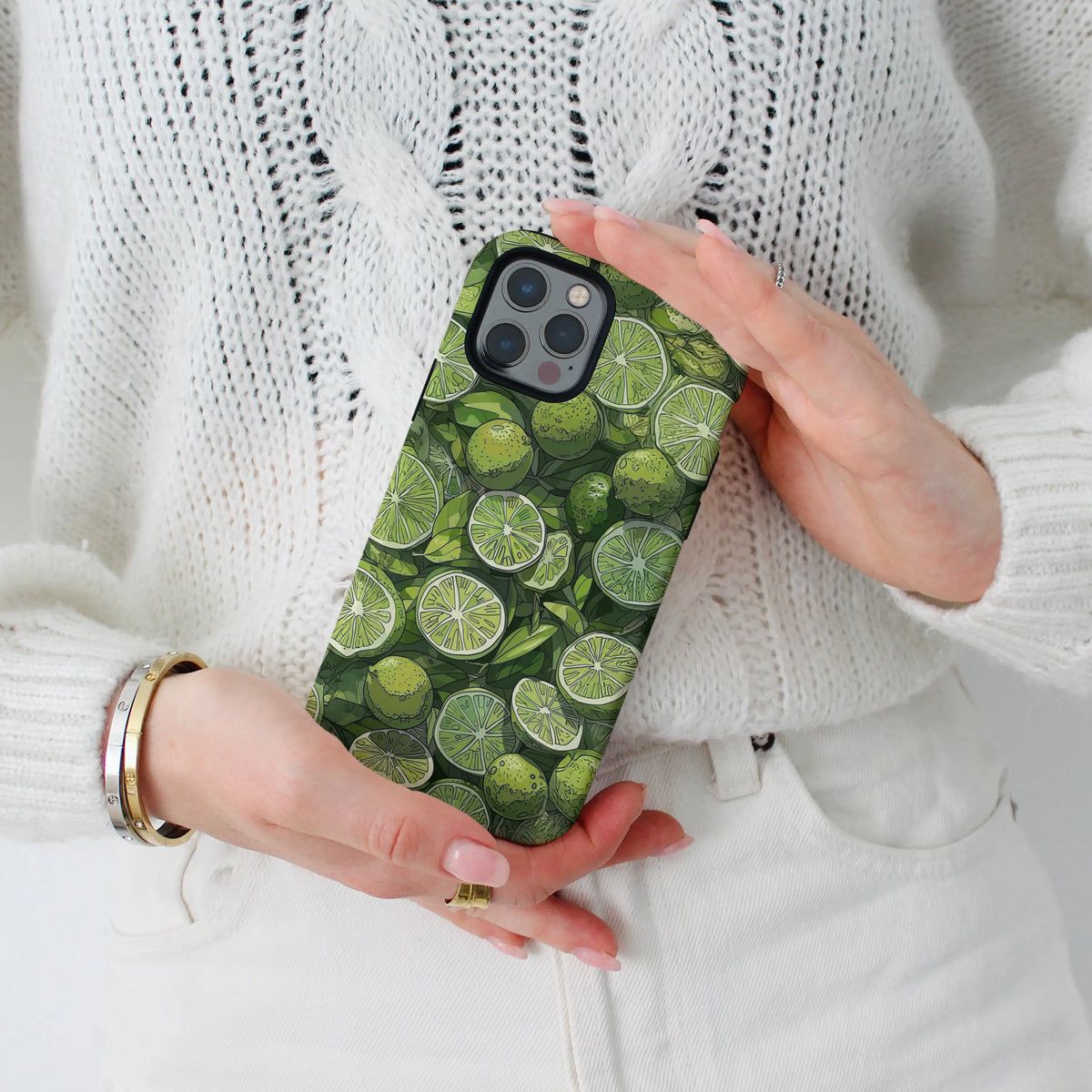 Lime Art iPhone case — bright citrus painting on a dual-layer MagSafe shell