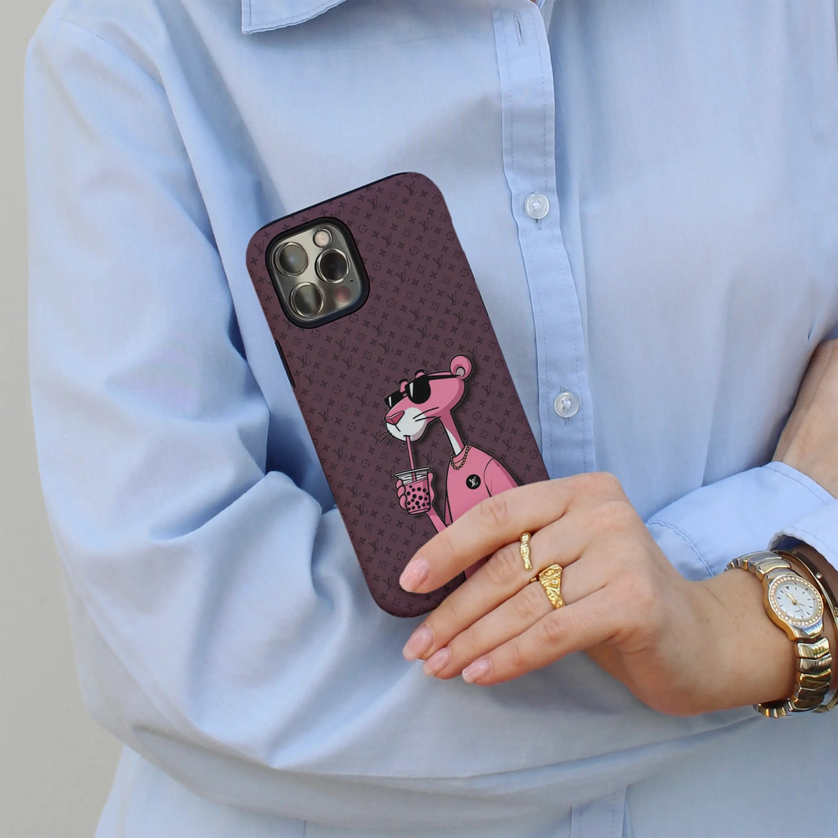Boba Panther iPhone case — pink panther illustration on a MagSafe shell