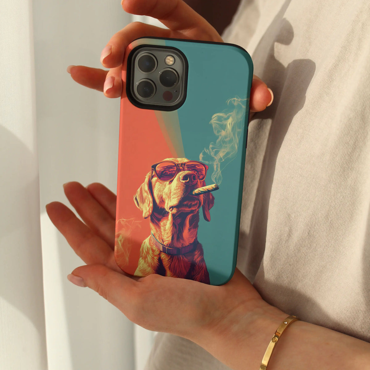 Smokin' Retriever iPhone case — playful dog illustration on a MagSafe shell