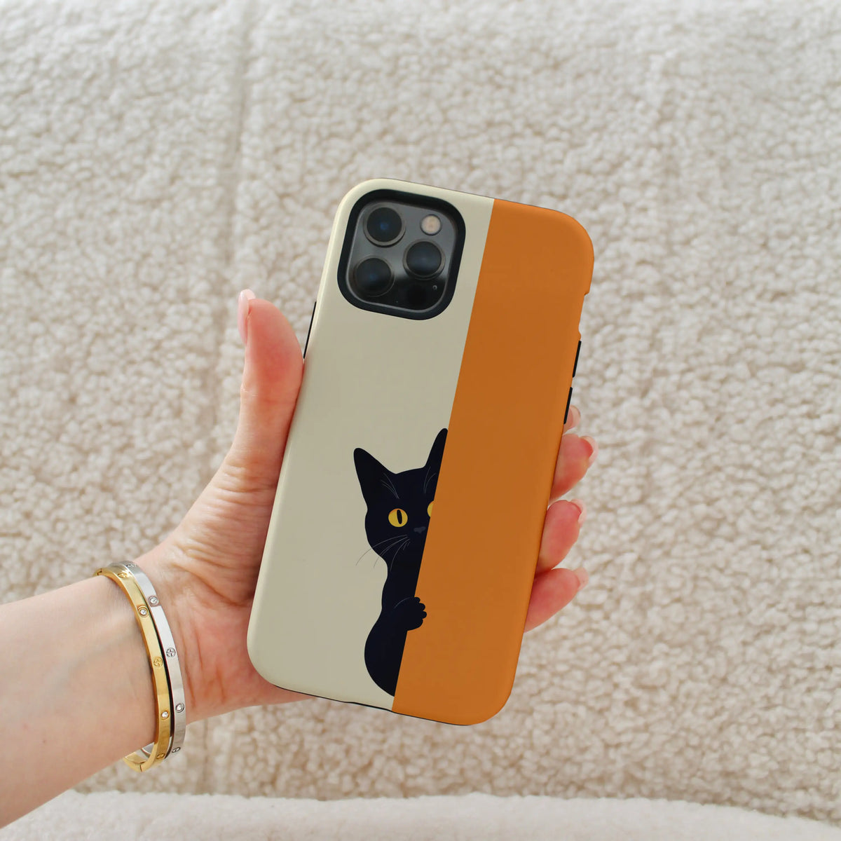 The Curious Cat iPhone case — original cat artwork on a dual-layer MagSafe shell