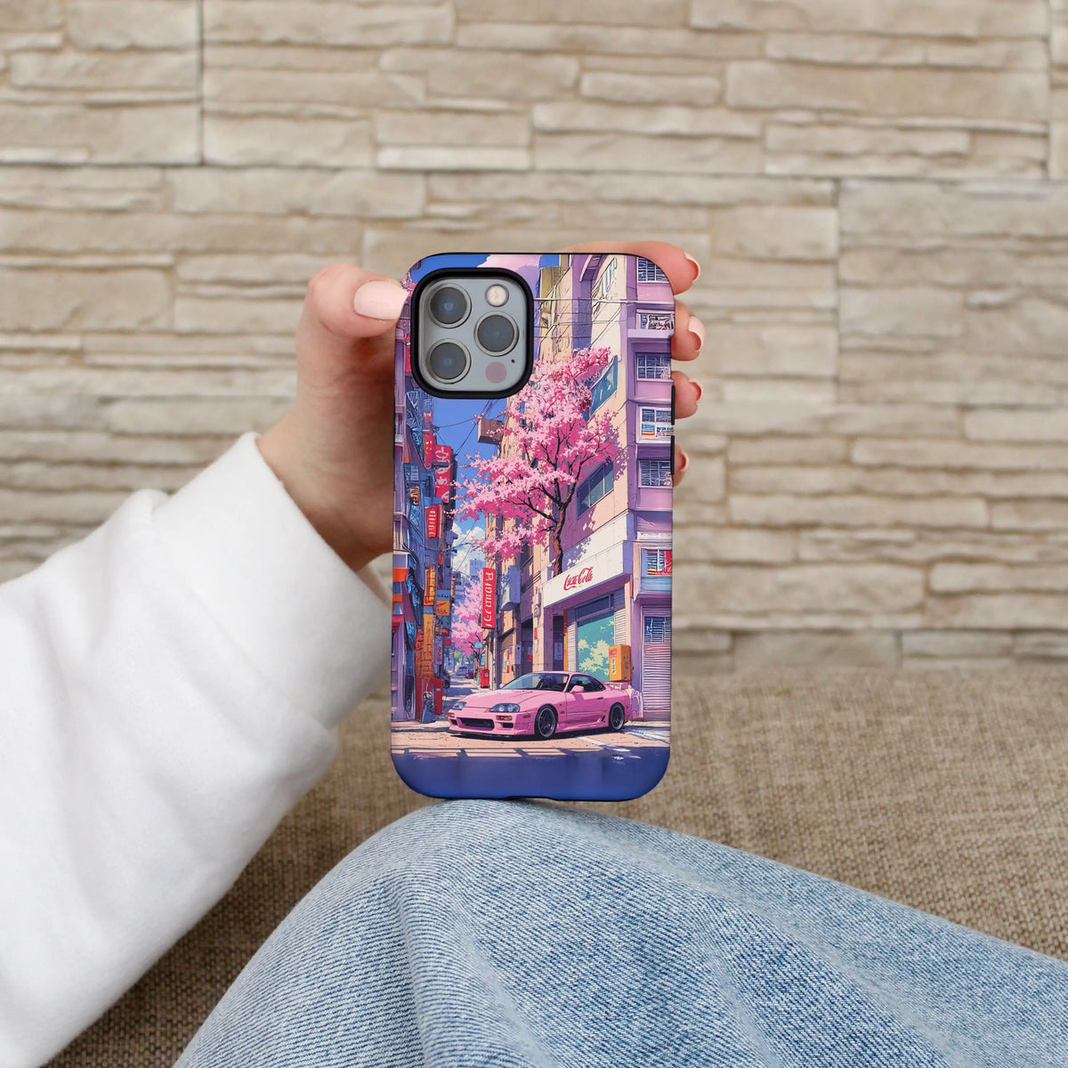The Pink Supra iPhone case — Japanese car culture artwork on a MagSafe shell