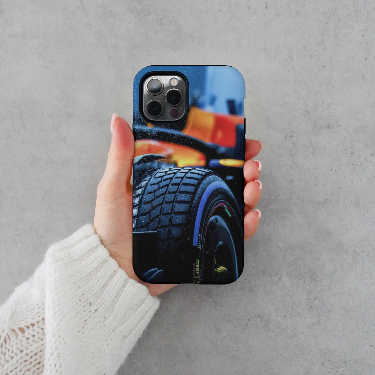 WET MODE iPhone case — wet-weather racing artwork on a MagSafe shell